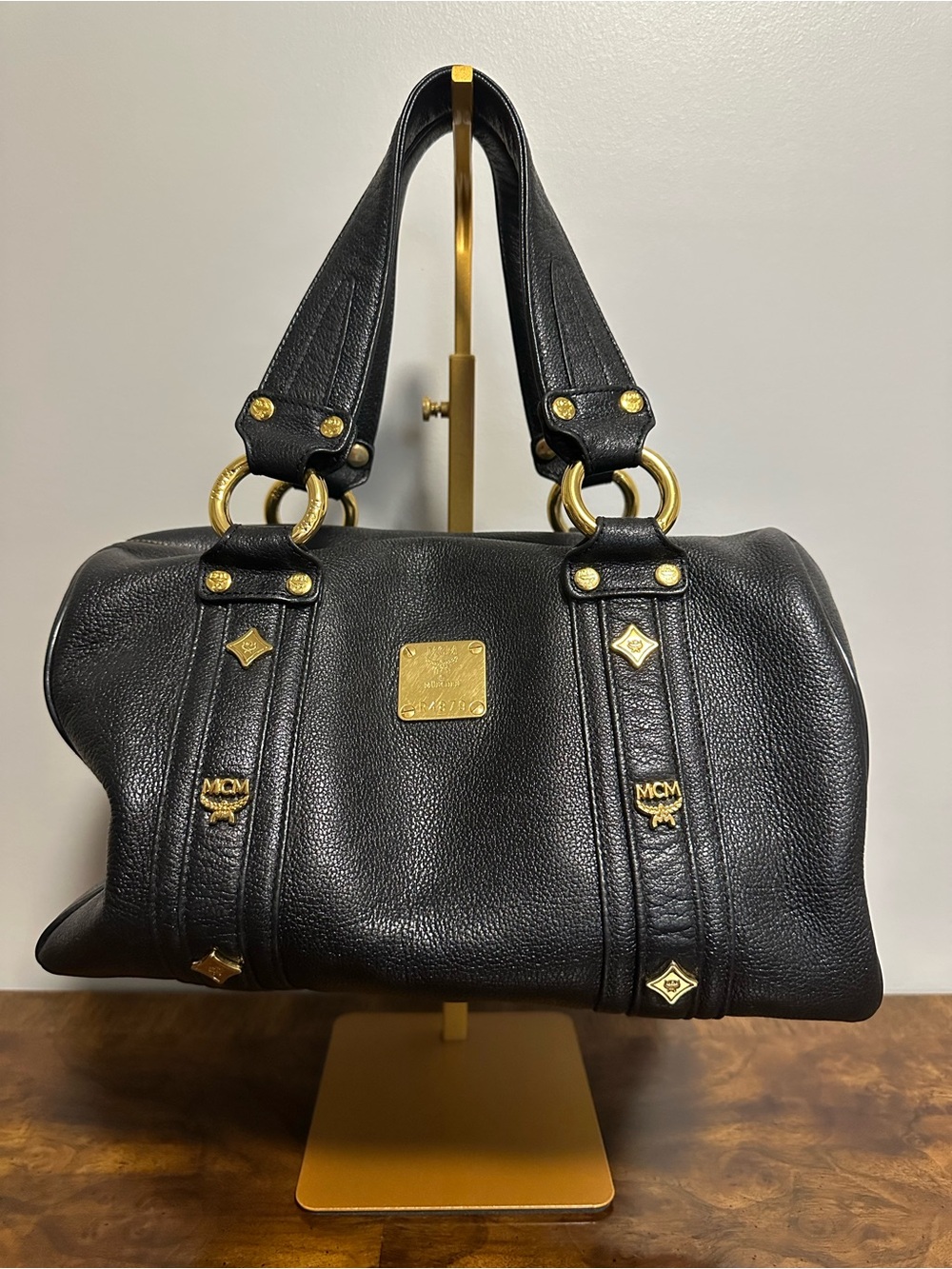 MCM Black Leather Satchel with Gold Hardware